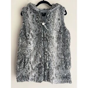 Dennis by Dennis Basso Grey Marbled Faux Fur Hooded Vest Zip Front Size M NWOT